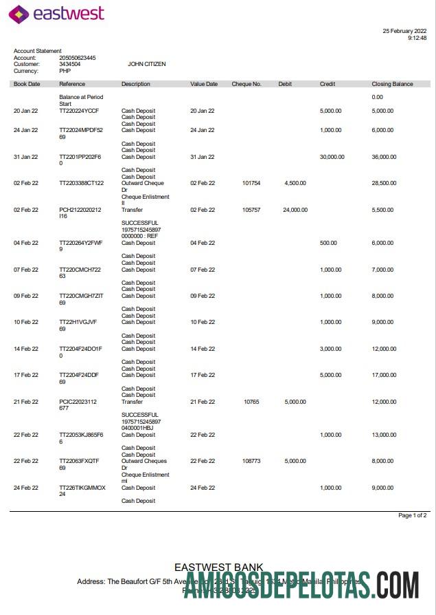 Philippines Eastwest Bank St Word amostra